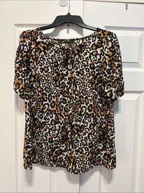 Talbots Leopard-Print Short Sleeve Blouse in Brown and Black